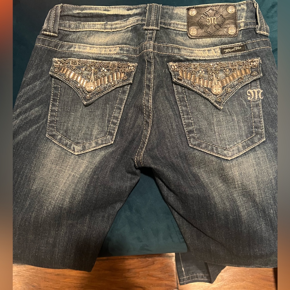 Miss Me beaded rhinestone jeans in a dark wash